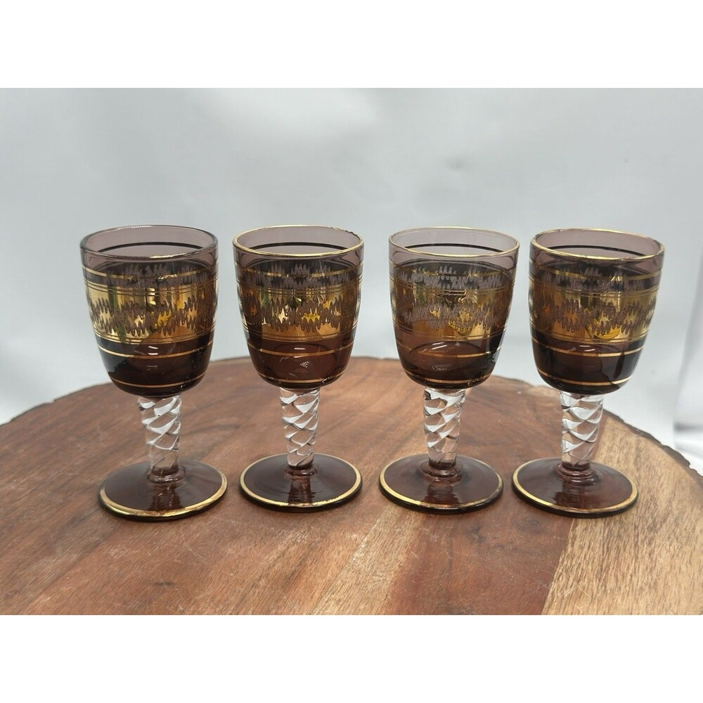 Amethyst Gold Etched Cordial Glasses Set Of 4 Gold Trimmed Glass